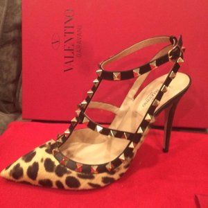 Valentino Rockstud Studded Leopard Pony Hair T Strap Heels Shoes Sandals